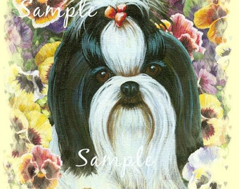 Shih Tzu Dog Pansy Colorful Note Card and Envelope