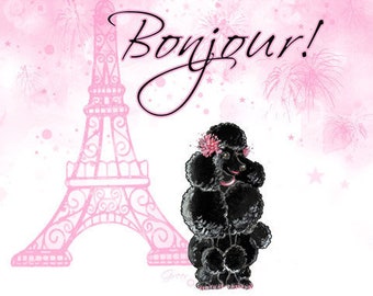 Black Poodle Note Cards Eiffel Tower Bonjour Set of 6 Pink