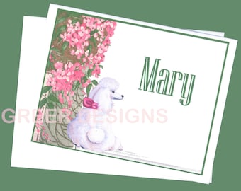 Mary" Tarjeta de nota de caniche blanco personalizada y sobre