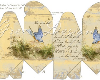 Printable Gift Box Template Digital Download French Vintage Victorian Style Bird Bluebird Branch Victor Hugo Poem Party Favor