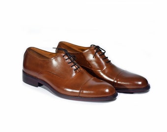Handmade Brown Color Genuine Leather Cap Toe Oxfords Lace Up Shoes
