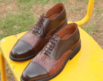 Handmade Black & Brown Color Genuine Ostrich Textured Leather Cap Toe Oxfords Lace Up Shoes