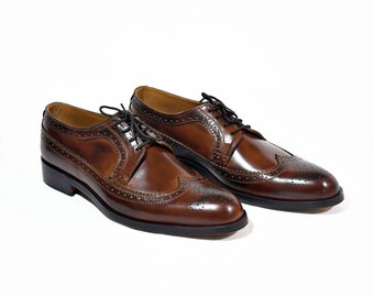 Handmade Brown Color Genuine Leather Wing Tip Brogues Lace Up Shoes