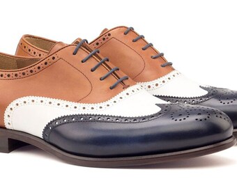 Handmade Tan White & Black Color Genuine Leather Wing Tip Brogues Lace Up Shoes