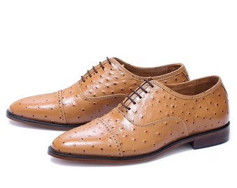 Handmade Tan Color Genuine Ostrich Textured Leather Cap Toe Oxfords Lace Up Shoes