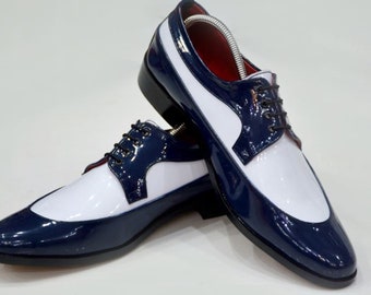 Handmade White & Blue Color Genuine Patent Leather Round Toe Lace Up Oxfords Shoes