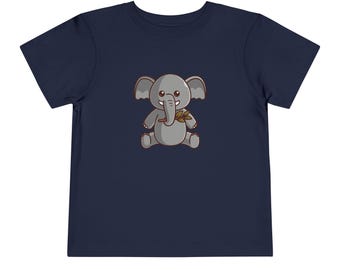 May include: A navy blue toddler t-shirt with a cartoon image of a gray elephant holding a brown twig in its trunk.