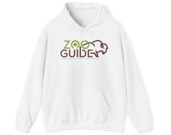 May include: White hooded sweatshirt with a brown and green logo that says "Zoo Guide" with the text "Explore. Educate. Entertain." underneath.