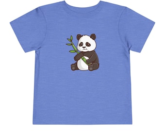 May include: A blue toddler t-shirt with a cartoon panda holding a bamboo stalk. The panda is black and white with a cute expression.