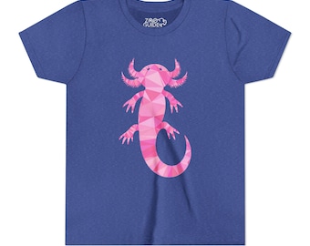 May include: Blue t-shirt featuring a pink axolotl design. The axolotl is rendered in a geometric, low-poly style. The text "ZOO GUIDE" is printed on the upper left of the shirt.