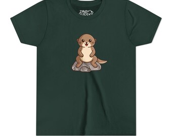 May include: A dark green t-shirt with a cartoon otter sitting on a rock. The otter is brown with a white chest and a happy expression. The text "Zoo Guide" is printed on the shirt.