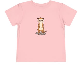 May include: A pink toddler t-shirt with a cartoon meerkat standing on a rock.