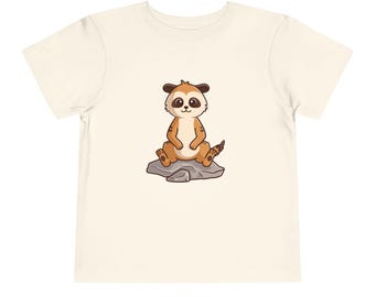 May include: A white t-shirt with a cartoon image of a meerkat sitting on a rock. The meerkat is brown and has black eyes and a black nose.