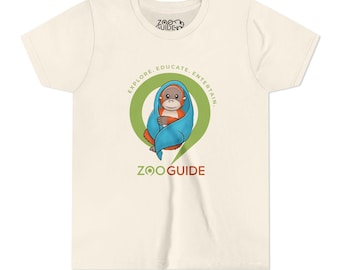 May include: A white t-shirt with a green circle containing a cartoon orangutan wearing a blue blanket. The text "EXPLORE. EDUCATE. ENTERTAIN." is around the circle. The text "ZOO GUIDE" is below the circle.