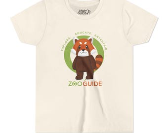 May include: A white t-shirt with a green circle containing a cartoon red panda and the text "Explore. Educate. Entertain."  The text "ZOOguide" is below the circle.