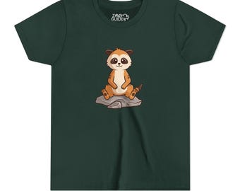 May include: A dark green t-shirt with a cartoon meerkat sitting on a rock. The meerkat is brown and white with black eyes. The text "Zoo Guider" is printed on the shirt.