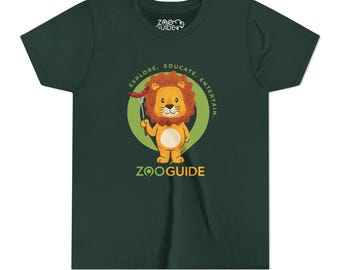 May include: A dark green t-shirt with a cartoon lion holding a hot dog. The lion is inside a green circle with the text "Explore. Educate. Entertain." and the text "ZooGuide" below the circle.