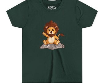 May include: Dark green t-shirt featuring a cartoon lion waving from a rock. The lion has a brown mane and is sitting on a gray rock. The shirt has the text "ZOO GUIDE" on the upper left side.