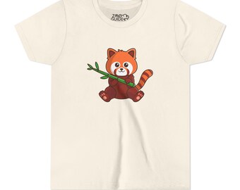 May include: A cream colored t-shirt with a cartoon red panda holding a green bamboo stick. The text "Zoo Guide" is printed on the shirt.