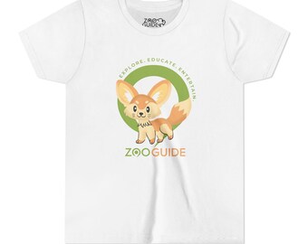 May include: White t-shirt with a green circle logo featuring a cartoon fennec fox and the text "Explore. Educate. Entertain." and "ZOOguide".