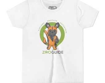May include: White t-shirt with a green circle containing a cartoon African wild dog with orange and black fur. The circle has the text "Explore, Educate, Entertain" around it. The text "ZooGuide" is below the circle.