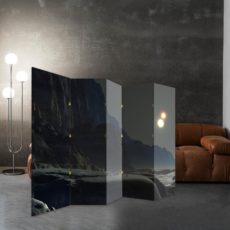 Dark sci fi landscape canvas room divider folding screen used as a privacy panel in a modern studio interior