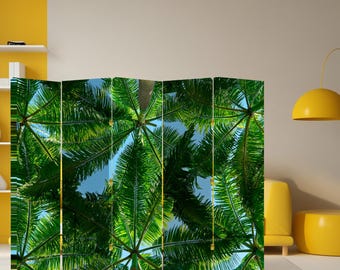 Parawan pokojowy z tropikalnymi liśćmi palmowymi – składany parawan Green Nature, płócienny panel zapewniający prywatność, nowoczesny parawan dekoracyjny do wnętrz w stylu nadmorskim lub boho