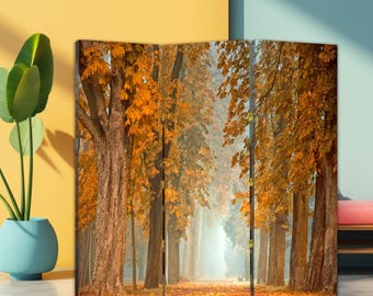 Parawan do pokoju z motywem jesiennej ścieżki leśnej – składany parawan z jesiennym krajobrazem, ciepły, naturalny, płócienny panel prywatności, dekoracyjny parawan do przytulnego wystroju domu