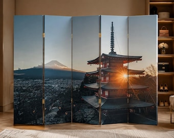 Japanese Pagoda Room Divider – Mount Fuji Folding Screen, Privacy Panel for Bedroom