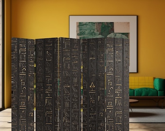 Parawan z egipskimi hieroglifami – czarny płócienny składany parawan, dekoracyjny panel zapewniający prywatność w biurze i salonie