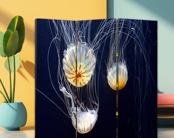 Parawan pokojowy z motywem oceanu i meduzy – składany parawan z motywem podwodnego świata, płócienny panel zapewniający prywatność, nowoczesny parawan dekoracyjny do salonu