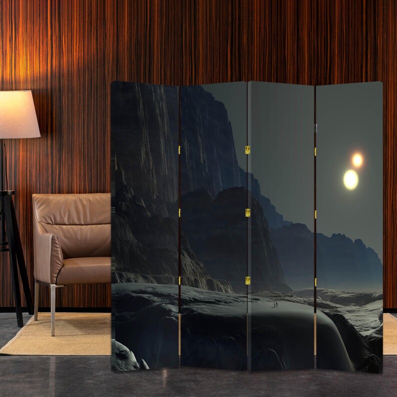 Dark sci fi landscape canvas room divider folding screen used as a privacy panel in a modern studio interior