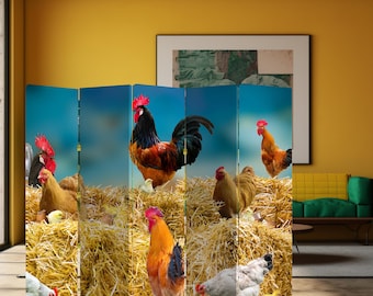 Parawan w stylu rustykalnym z motywem kurczaka – składany parawan w stylu rustykalnym z motywem koguta, płócienny panel prywatności w stylu rustykalnym, dekoracyjny parawan w stylu wiejskim