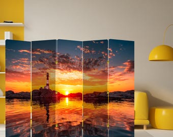 Parawan pokojowy Lighthouse Sunset – składany parawan z widokiem na ocean, płócienny panel prywatności z motywem nadmorskim, dekoracyjny parawan do domu
