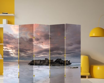 Biombo de lona plegable con diseño de paisaje costero para sala de estar, dormitorio o estudio.