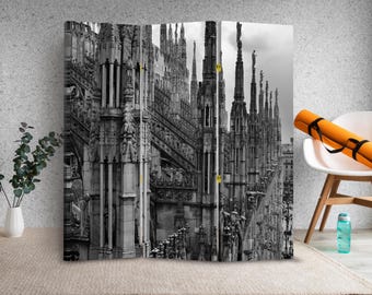 Czarno-biały parawan pokojowy Katedra w Mediolanie Gotycka architektura Płócienny składany parawan do salonu, biura lub studia Podróżny parawan pokojowy