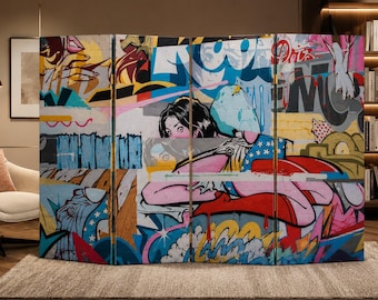 Parawan z motywem miejskiego graffiti – składany panel zapewniający prywatność do studia lub loftu