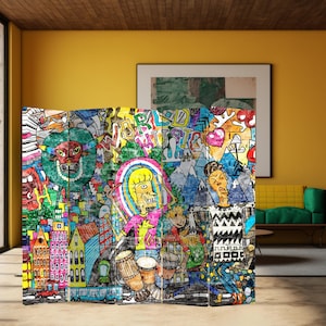 May include: A colorful room divider featuring graffiti art. The artwork includes a bull's head, cartoon figures, buildings, mountains, and the words "WORLD MUSIC". The divider is made of multiple panels.