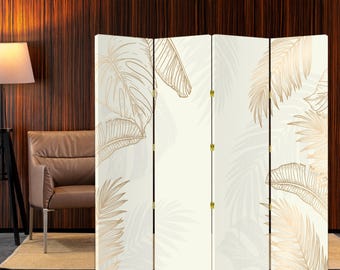 Beżowy parawan z tropikalnymi liśćmi – minimalistyczny składany parawan, płócienny panel zapewniający prywatność, nowoczesny parawan dekoracyjny do wnętrz w stylu boho lub neutralnym