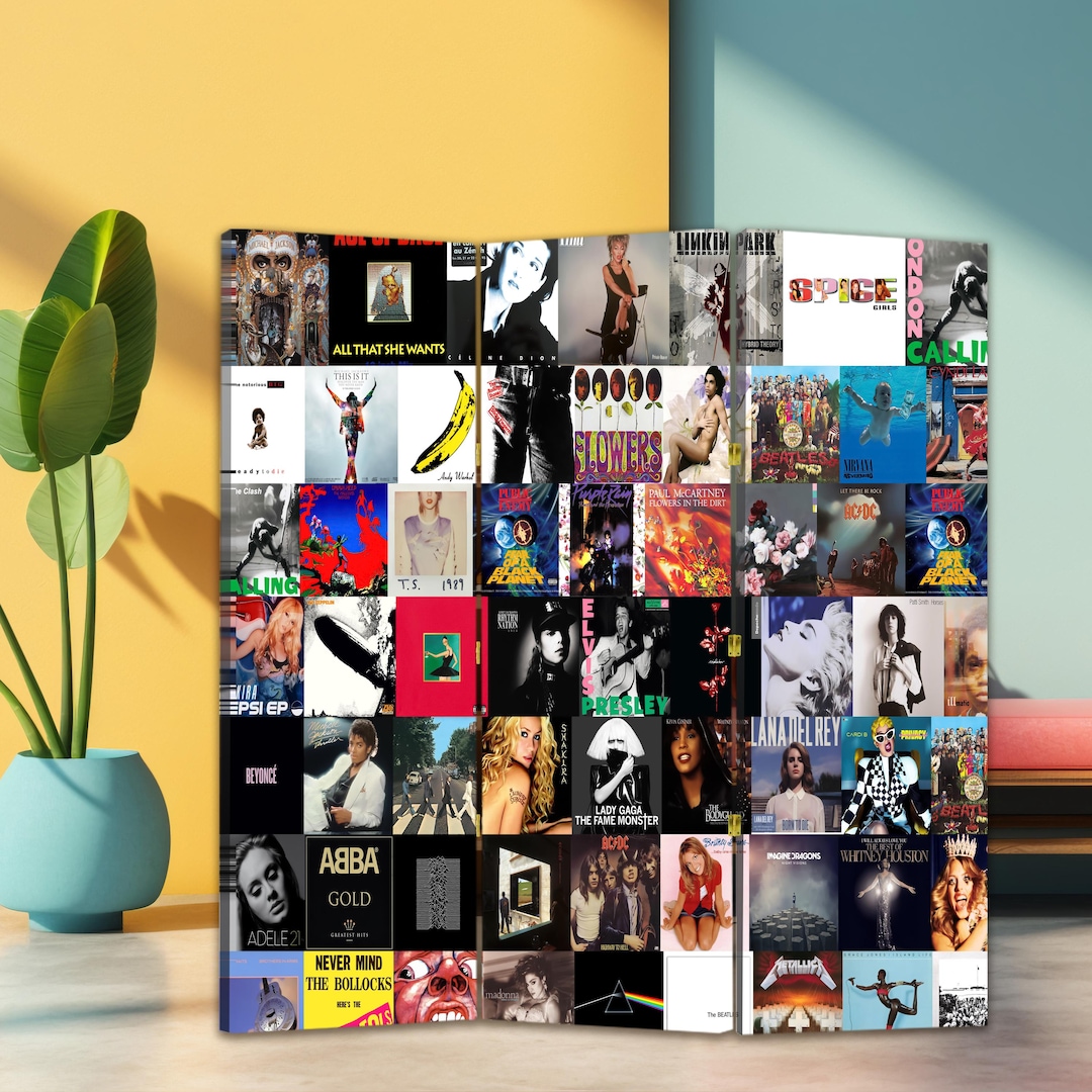 Music Album Collage Room Divider – Canvas Folding Screen, Decorative ...