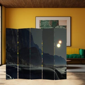 Dark sci fi landscape canvas room divider folding screen used as a privacy panel in a modern studio interior
