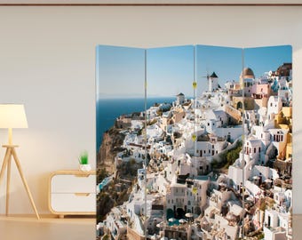 Parawan Santorini – Śródziemnomorski składany parawan, płócienny panel zapewniający prywatność, dekoracyjna ścianka działowa do salonu lub biura