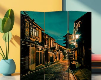 Japońska scena uliczna, parawan, nocna pagoda, składany parawan w ciepłych odcieniach do wystroju biura lub salonu w stylu zen, płócienny parawan