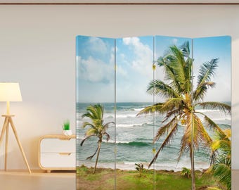 Biombo de playa tropical: biombo de lona plegable con palmeras para sala de estar, dormitorio o estudio.