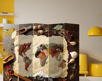 Parawan z mapą świata – składany parawan z płótna, dekoracyjny, do kuchni, restauracji lub jadalni