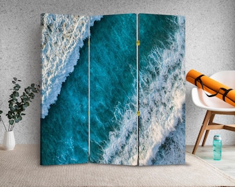 Parawan z widokiem na ocean z lotu ptaka – składany parawan w kolorze nadmorskim, nowoczesny płócienny panel zapewniający prywatność, dekoracyjny parawan plażowy do domu lub biura