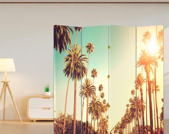 Parawan pokojowy Palm Trees Sunset – Tropikalny składany parawan, kalifornijski płócienny panel zapewniający prywatność, dekoracyjny parawan w stylu boho do salonu
