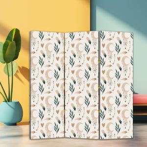 Boho Moon Room Divider Folding Screen Celestial Botanical & Spiritual Decor Meditation room divider Abstract decor Privacy Room Divider