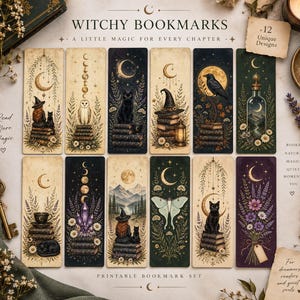 May include: A set of 12 rectangular bookmarks featuring illustrations of moons, cats, owls, ravens, books, crystals, moths, and floral arrangements. The designs include text reading WITCHY BOOKMARKS, A LITTLE MAGIC FOR EVERY CHAPTER, and 12 Unique Designs.
