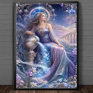 May include: A framed wall art print depicting a celestial figure in a flowing blue and purple gown, pouring water from an ornate vase atop a stone pedestal. The scene features glowing light rings, ethereal flowers, and architectural arches.